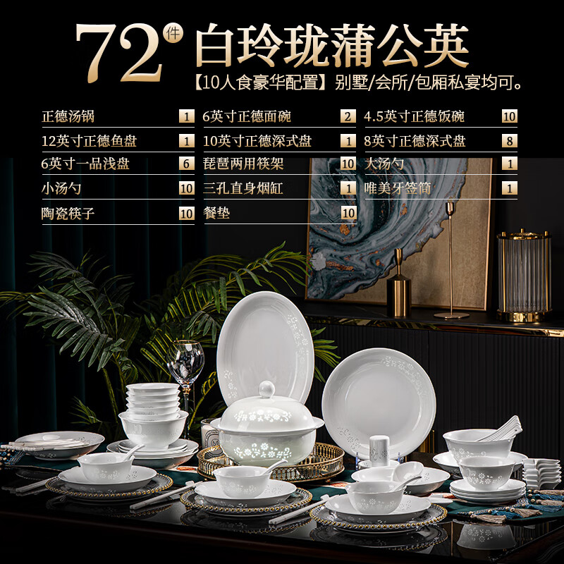 Tao Xianghui ceramic dish set housewarming gift complete set of plates and bowls high-end Chinese Jingdezhen exquisite white porcelain 72-piece tableware 72-piece white exquisite dandelion for 10 people