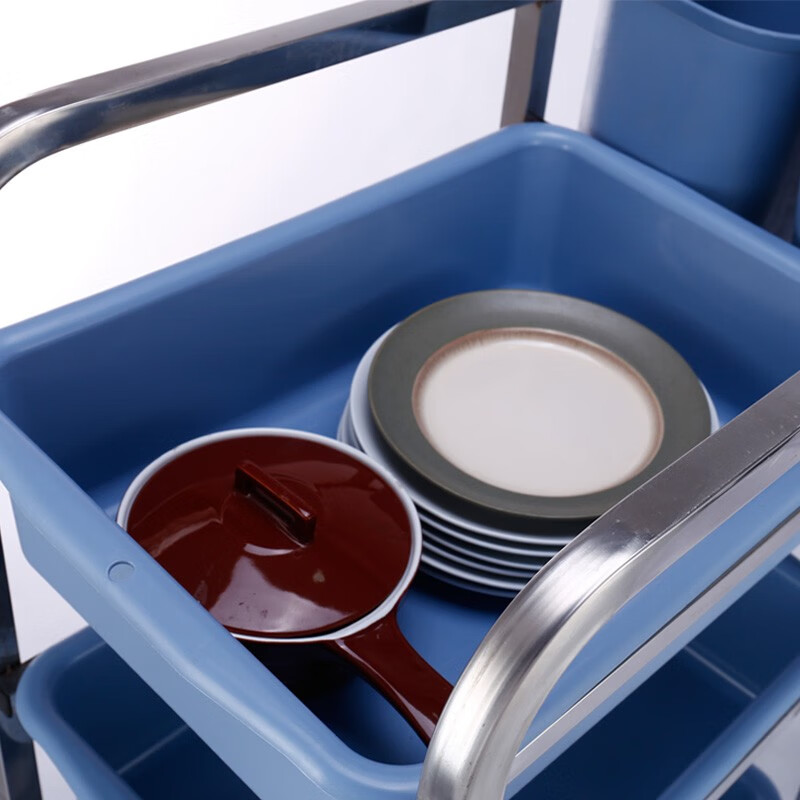 Hotel food collection truck, food removal truck, bowl collection truck with trash can, multi-functional stainless steel restaurant and hotel commercial food delivery truck, thickened round tube straight leg food collection truck with 3 basins and 2 barrels, official standard configuration required