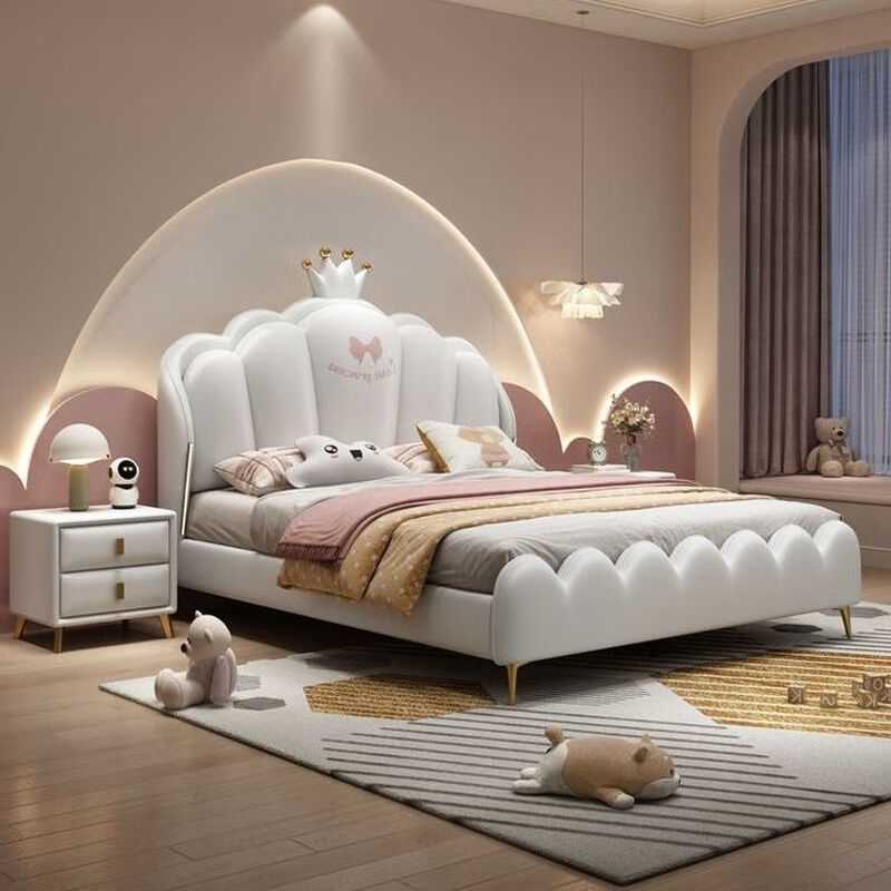 Solid wood bed children's bed girl's bedroom princess bed light luxury leather bed small apartment pink crown double bed quality/children's bed color remarks/delivery to home 1500mm*2000mm frame structure
