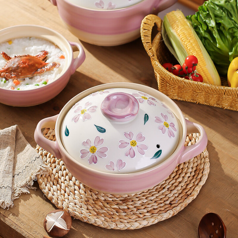 Kawashimaya Japanese-style claypot household high-temperature resistant dry-fired non-cracking gas stove special soup pot claypot rice casserole Flower casserole-pink (for 2-4 people) 2.5L