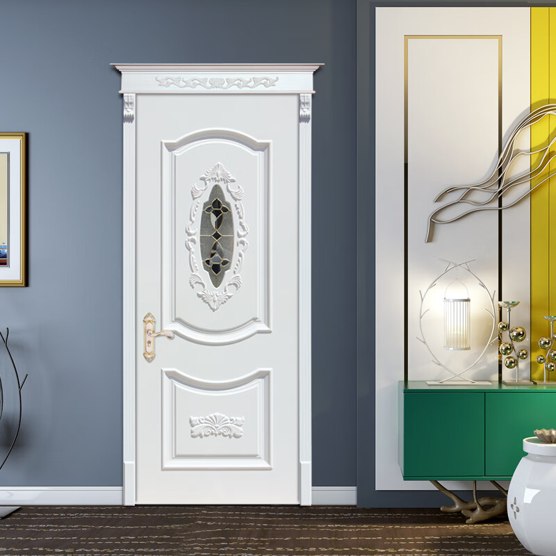 Interior door French wooden door European style pressed line carving set bedroom door bathroom silent solid wood carbon crystal composite door single side with door head
