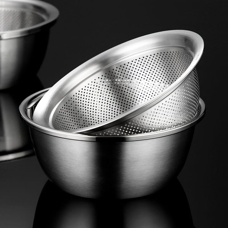 Carole stainless steel basin food-grade household kitchen drain basket wash basin leaky basin vegetable basin rice washing basin pore thickening 19CM multi-functional solid basin + leaky basin