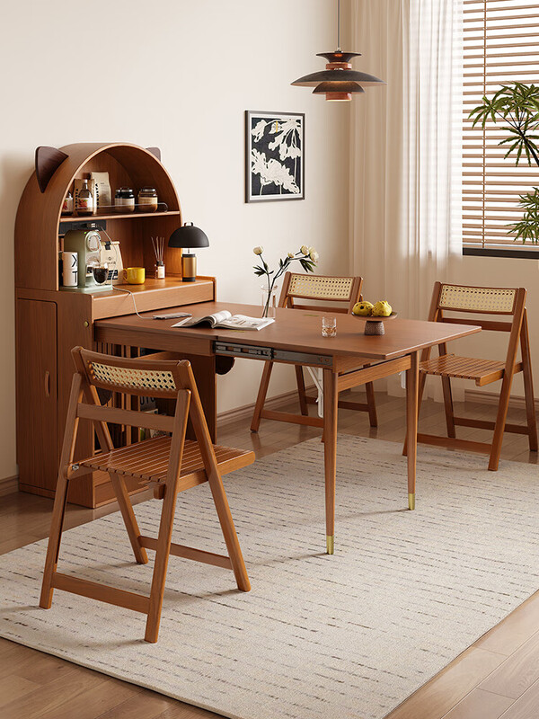 Xiao Mu Wu cabin new small apartment telescopic folding dining table and sideboard integrated mid-century style solid wood dining table and chair combination one table and two chairs (#80 chair)