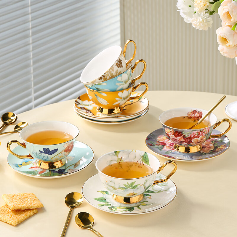 Heart Ornament Garden Blossoms Beautiful Bone China Coffee Cup Set Gift Box High-End Afternoon Tea Set Wedding Birthday Gift Blossoms Blossoms (6 Cups and Saucers with Spoons) Dark Blue Box