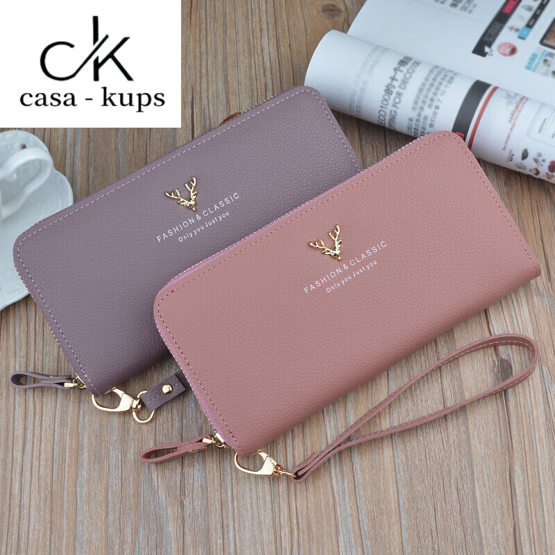 Casa-kupsCK Genuine Leather Women's Wallet Long Clutch 2025 New Zipper Multifunctional Long Large Capacity Wallet Mobile Phone Pink