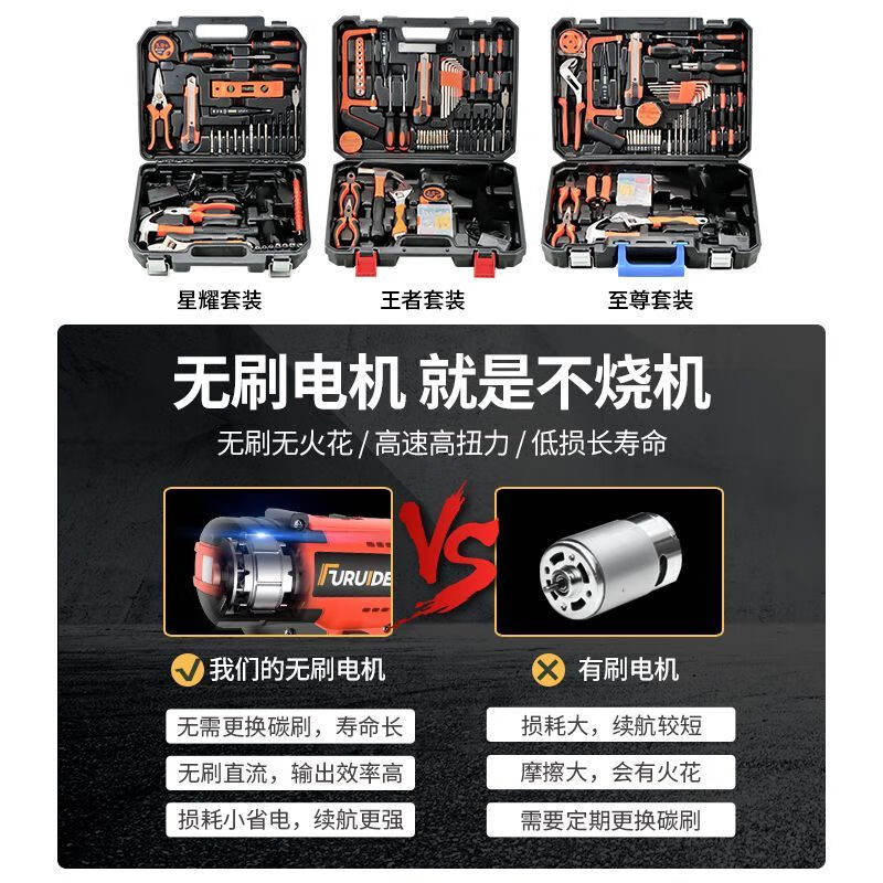 LISM tool box household electric drill set multi-functional hardware tool collection electrician special home repair vehicle power version brushless two-speed two-electric set +