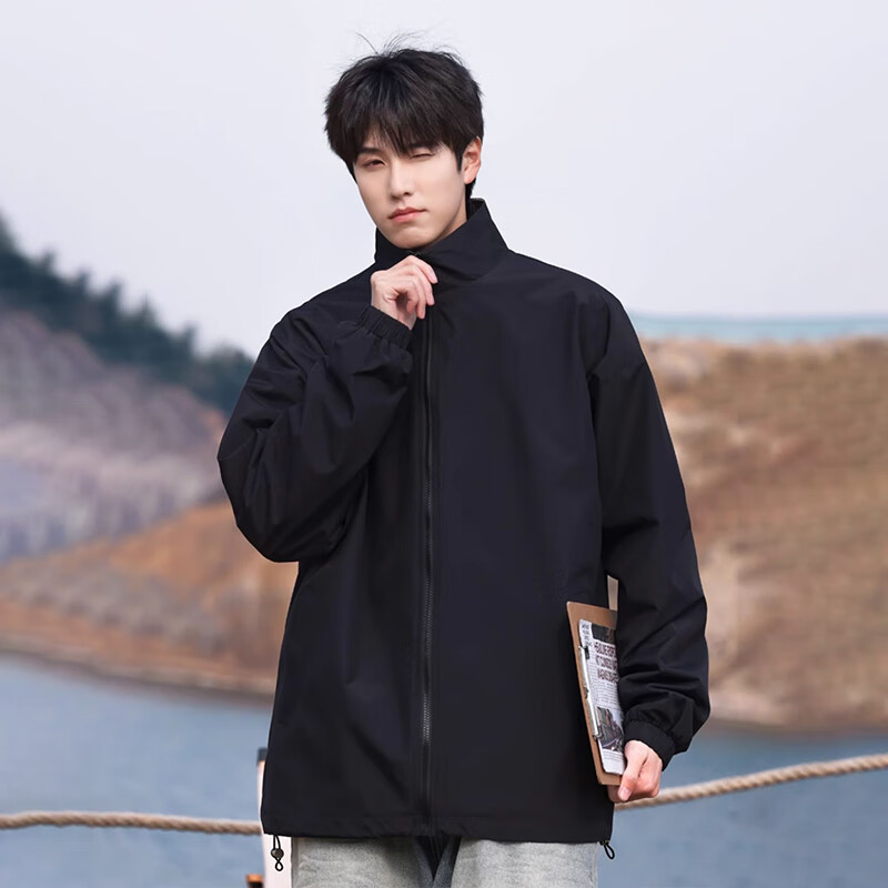 Cotton jacket men's autumn and winter lapel plaid jacket men's trendy Hong Kong style casual workwear top men black M