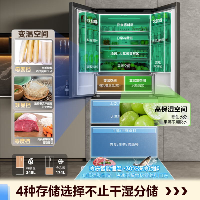 Midea M60 series 520 liter small French style multi-door four-door refrigerator ultra-thin flat screen embedded dual system dual cycle household frost-free large capacity sterilization and deodorization government subsidy BCD-520WUFPZM (E) phantom sand