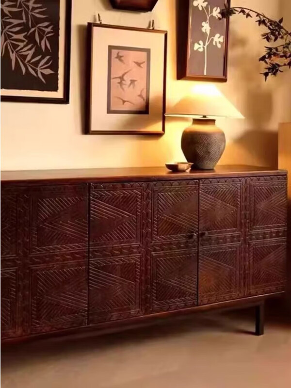 Wen Yijia Nordic medieval retro solid wood sideboard carved solid wood furniture simple light luxury all solid wood entrance cabinet storage 160*40*81cm