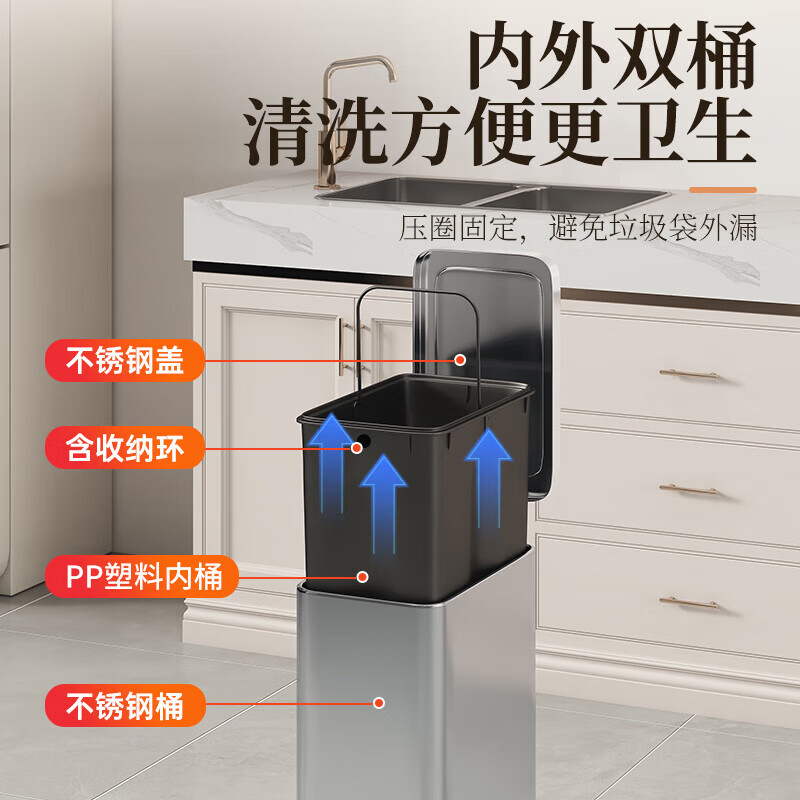 Cookyele European stainless steel foot-operated lidless large-capacity trash can for home kitchen and bathroom 7L sanded silver cracked