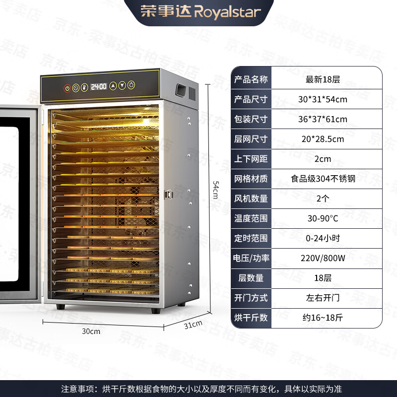 Royalstar Dried Fruit Machine Fruit Dryer Commercial Stainless Steel Household Small Vegetable Pet Snacks Dried Fruit and Vegetable Crispy Food Drying Box Air Dryer Drying Box Latest 18 Layers - With Light 800W (Stamping Body)