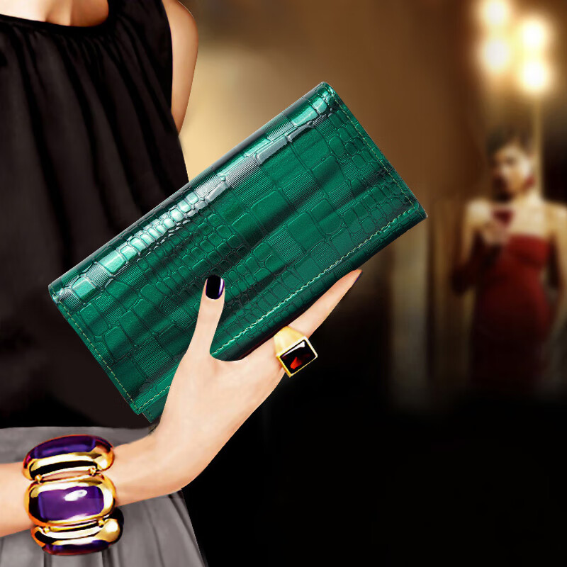 Sefulun (seefulun) fashionable genuine leather bright leather multi-card slot multi-compartment long folding wallet crocodile pattern cowhide banknote wallet for mobile phone green - genuine leather inside and outside gift box packaging