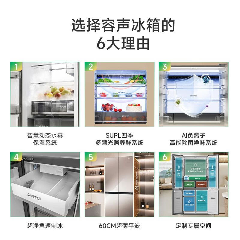 Rongsheng cross-fold four-door zero-embedded bottom cooling household refrigerator air-cooled frost-free refrigerator dual-system four-cycle BCD-505W60CZBAS smart WIFI