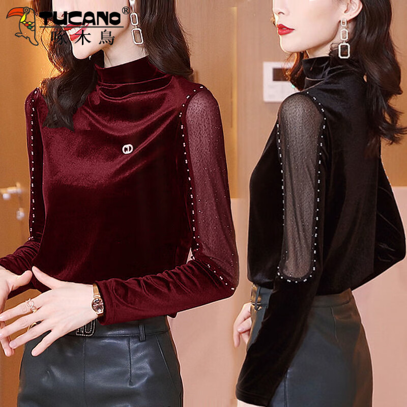 Woodpecker gold velvet bottoming shirt for women in autumn and winter new model with temperament half turtleneck black mesh beading long-sleeved T-shirt top picture style black free corsage M