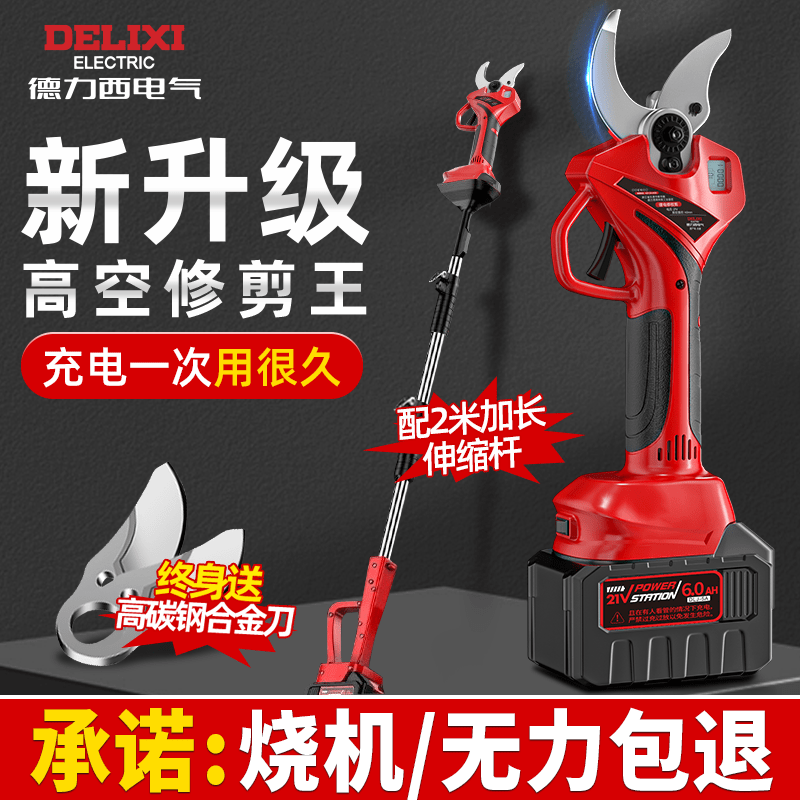 Delixi Electric Electric Pruning Scissors Lithium Battery Electric Scissors for Cutting Branches and Gardens Special Rechargeable Aerial Scissors Brushless Upgraded Model 5 Sections 2.0Ah One Charge One Charge + Liter