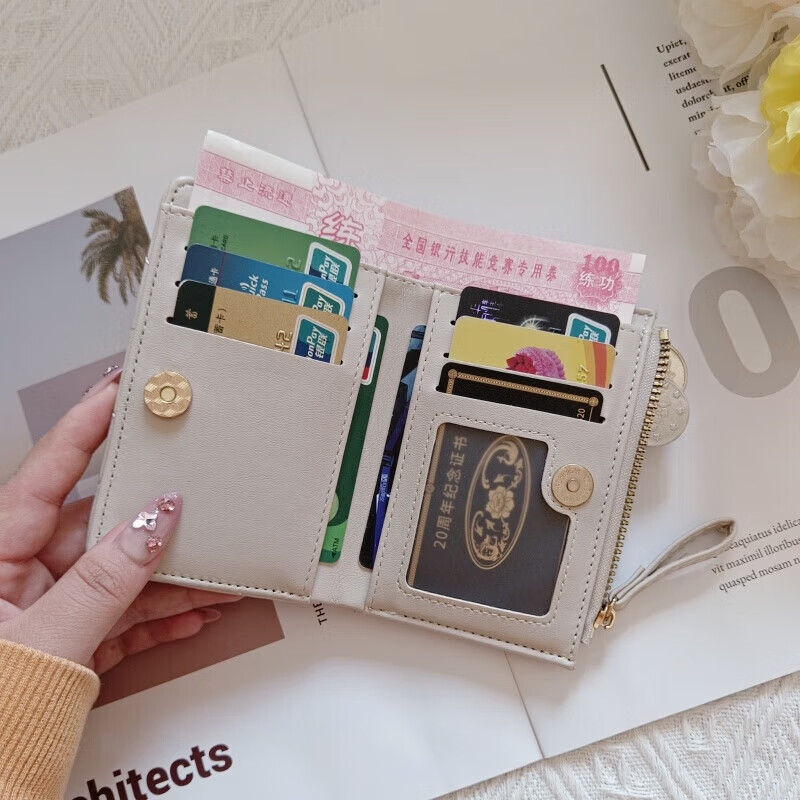 Kangaroo European and American small fragrance style wallet for women, simple embroidered zipper clutch, multiple card slots, versatile buckle short wallet, blue