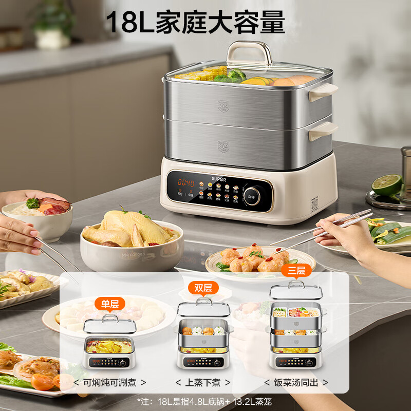 SUPOR electric steamer, household multi-functional stew and steaming integrated electric hot pot, 0-coated stainless steel steamer, electric cooking pot, 18L multi-purpose pot ZN30FC669