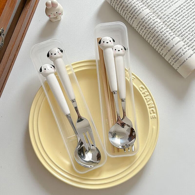 Cute puppy stainless steel chopsticks fork spoon set student portable eating spoon tableware for home use spoon + wooden chopsticks (transparent box)