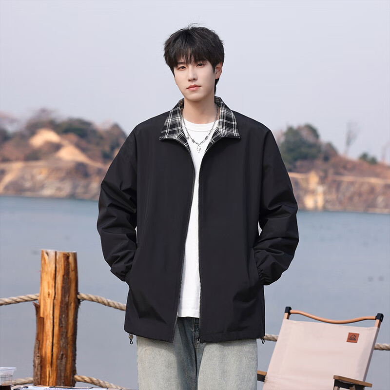 Cotton jacket men's autumn and winter lapel plaid jacket men's trendy Hong Kong style casual workwear top men black M