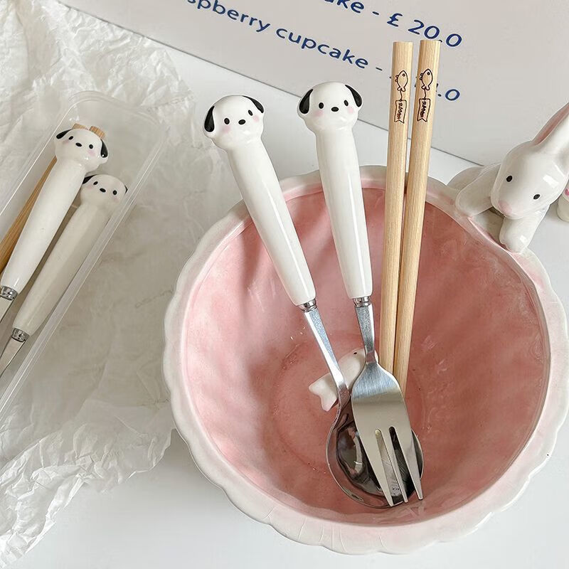 Cute puppy stainless steel chopsticks fork spoon set student portable eating spoon tableware for home use spoon + wooden chopsticks (transparent box)