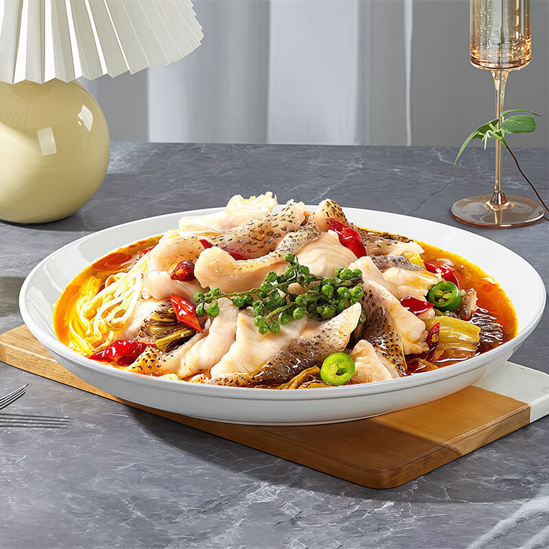 Jiwu Forest Ceramic Large Plate Dish Dinner Plate Steamed Fish Chopped Pepper Fish Head Round Deep Plate Dish Plate Home 12 Inches