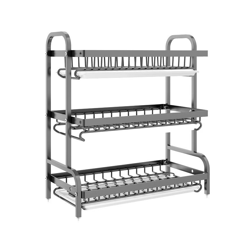Hywlkj Fat Donglai's same draining dish rack kitchen storage rack dish storage rack dish rack household multi-functional bowl and chopsticks black three-layer 43CM-standard configuration