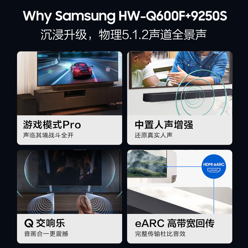 Samsung (SAMSUNG) HW-Q600F/XZ Panoramic Sound 3.1.2 Channel Wireless Bluetooth Echo Wall Subwoofer Independent Sky Channel Home Theater TV Projection Game Speaker 4K