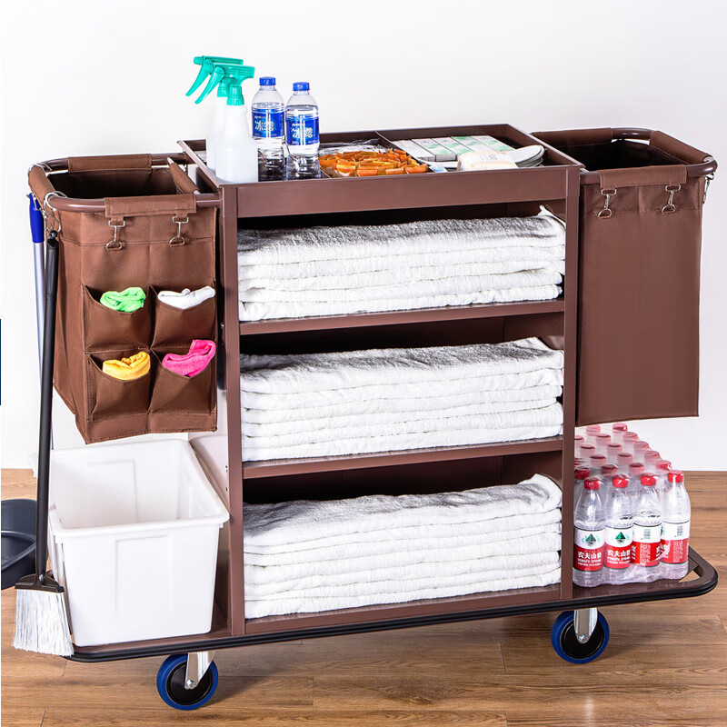 Hotel linen cart, hotel room multi-function hand push linen cart, cleaning work cart, cleaning cart, cloth bag, guest room entrance hygiene service cart (with mop rack), multi-function, labor-saving and silent (carpet), including tool box