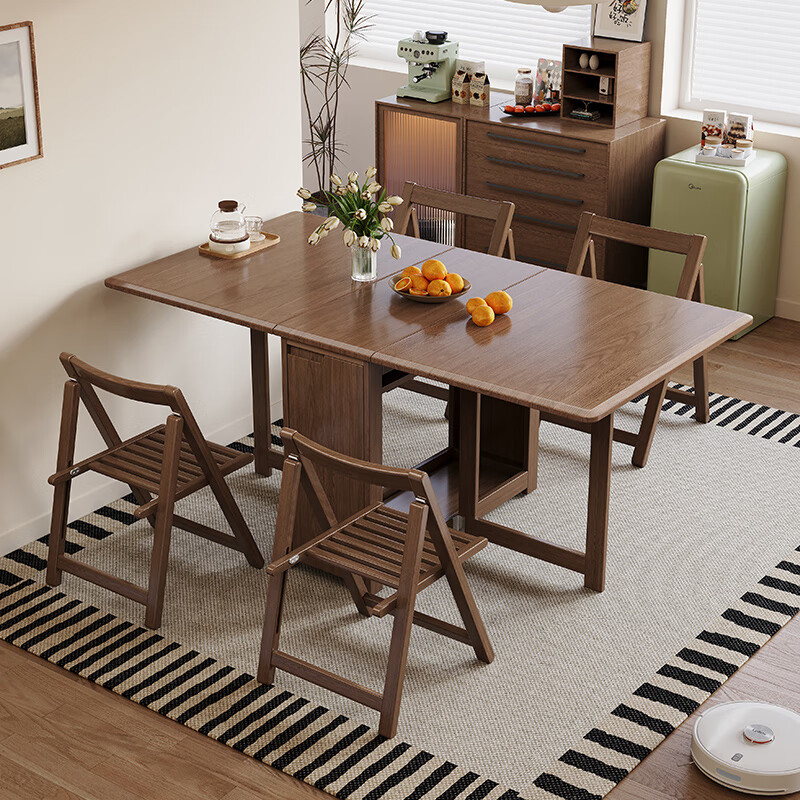 Qingweilu Solid Wood Folding Dining Table Small Household Dining Table Integrated Sideboard Folding Telescopic Dining Table and Chairs Folding Table Walnut Color Solid Wood Single Table 75cm 120x80x