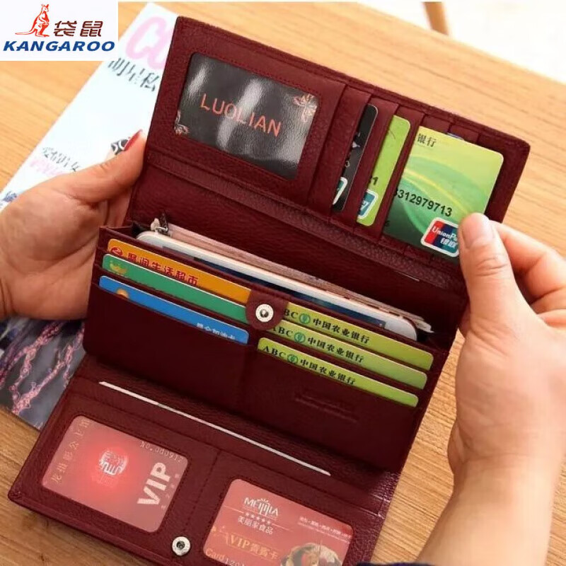 Kangaroo Light Luxury Brand Cowhide Women's Wallet Women's Long Genuine Leather Litchi Pattern Durable Soft Leather Tri-fold Wallet Clutch Maroon
