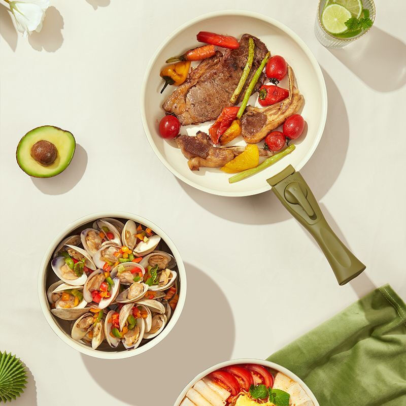 Vinoya milk pot three-piece set high-looking frying pan iron pot household non-stick pan frying soup cooking pot three-piece gift detachable handle pot and bowl dual-purpose - green portable pot three-piece set milk pot + deep frying pan + frying