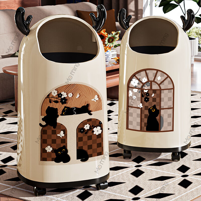 Moming deer antler trash can bathroom home living room antique style retro bedroom elegant trash can bedroom with wheels Elk ears window climbing cat large size - pulley version
