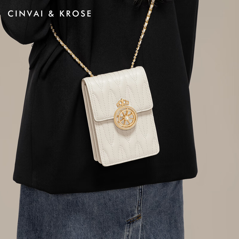 CinvaiKrose small c&k mobile phone bag women's cross-body 2025 new style bag genuine leather chain small shoulder bag off-white Beige Mother's Day gift practical for mom