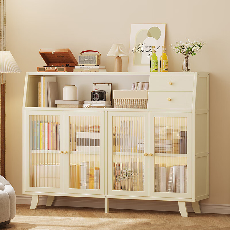 Sizhuge Kitchen Shelf Nordic Sideboard Microwave Oven Home Living Room Cabinet Home Solid Wood Multi-Function Storage Cabinet Wine Cabinet Single Door with Drawout - Milk White