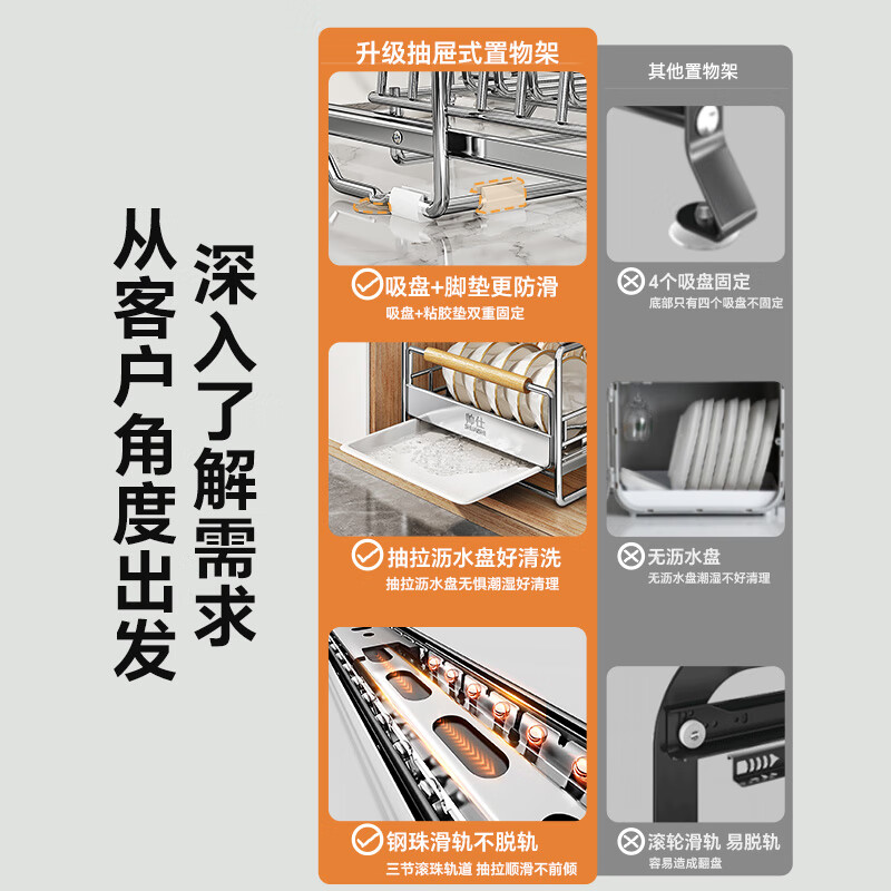 Shuaishi (shuaishi) kitchen pull-out storage rack cabinet pull-out basket dish rack dish rack stainless steel drain bowl rack storage rack
