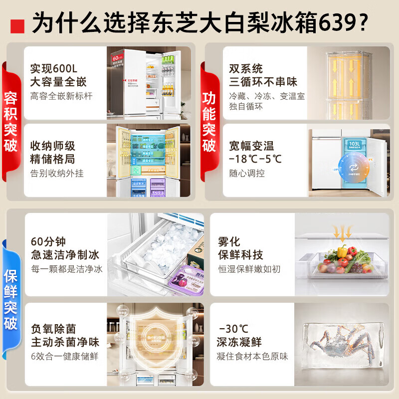 Toshiba Dabai Pear 600-liter cross-door refrigerator dual-system automatic ice making ultra-large capacity ultra-thin embedded first-class energy efficiency frost-free GR-RF639WI-PM1 GR-RF639WI-PM1