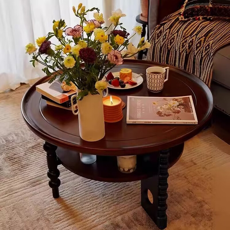 Qingziyou French retro coffee table, antique style round tea table 2026 new American simple household small apartment side table furniture walnut color + rubber wood diameter 80CM