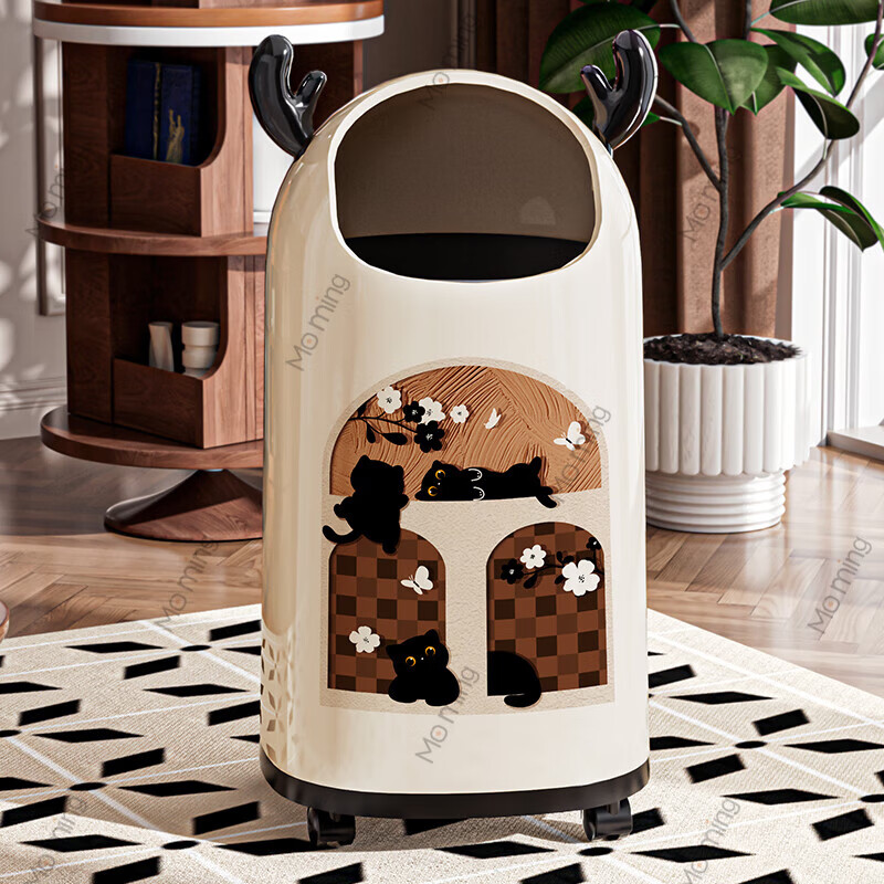 Moming deer antler trash can bathroom home living room antique style retro bedroom elegant trash can bedroom with wheels Elk ears window climbing cat large size - pulley version