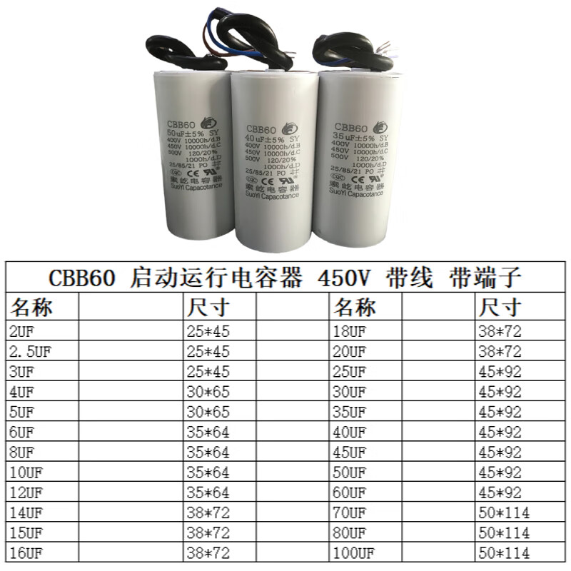 Original CBB60 450V2uf/8/15/20/40/100UF washing machine air compressor motor starting capacitor CBB60 2UF with wire
