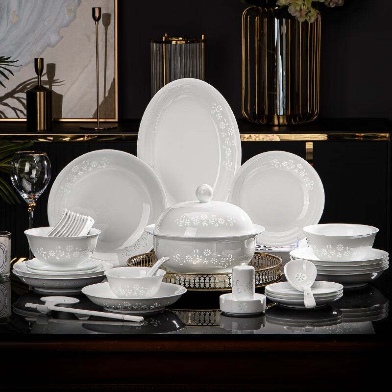 Tao Xianghui ceramic dish set housewarming gift complete set of plates and bowls high-end Chinese Jingdezhen exquisite white porcelain 72-piece tableware 72-piece white exquisite dandelion for 10 people