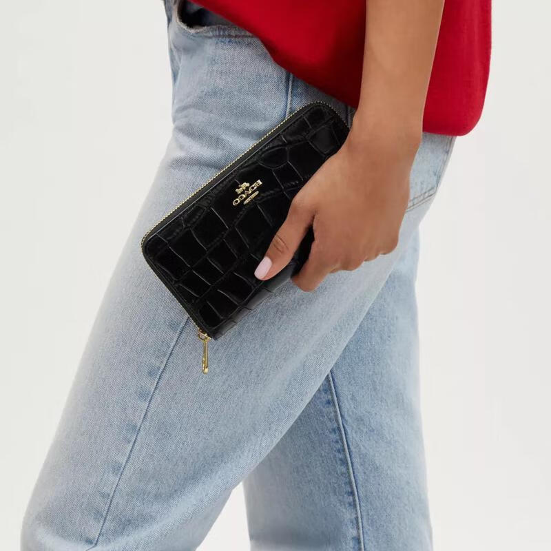 COACH long zippered women's wallet multi-functional storage microfiber leather clutch Black
