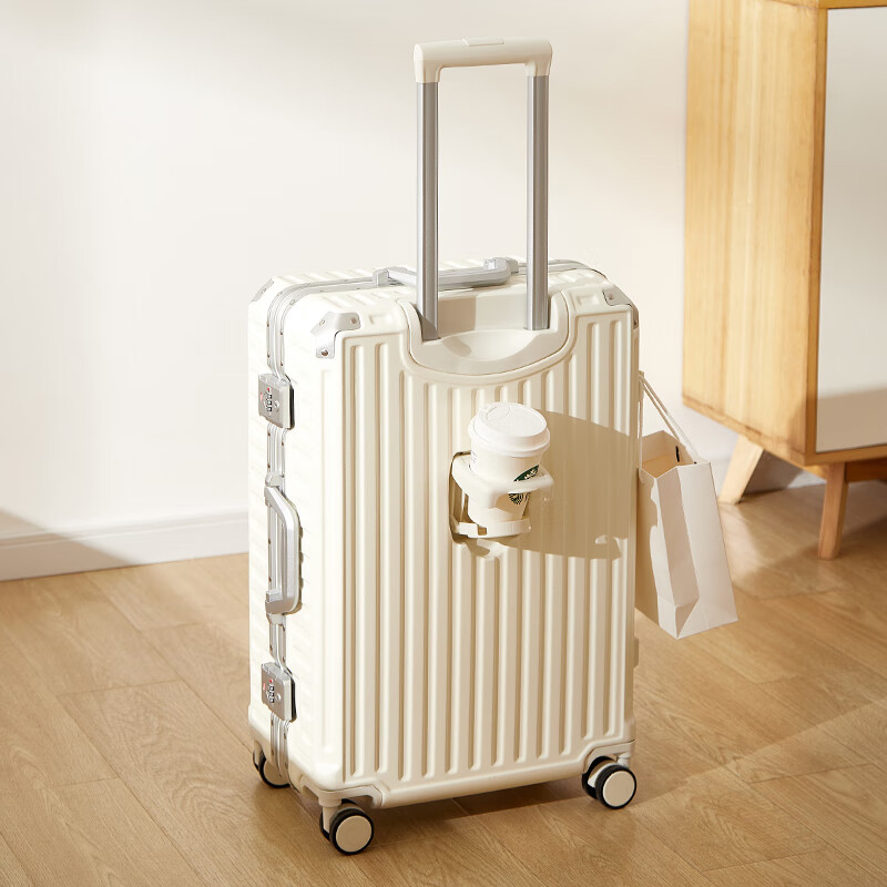 Pull-back suitcase trolley case aluminum frame travel back-to-school boarding case thickened compression code box cup holder leather suitcase rideable white cup holder side hook 26 inches long-distance travel