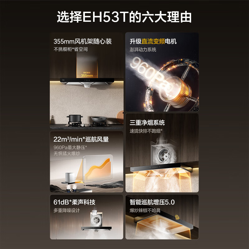 FOTILE range hood, European top suction, triple net smoke, large suction, silent, first-level energy efficiency, DC variable frequency, 22 cubic meters, large air volume, home use CXW-358-EH53T