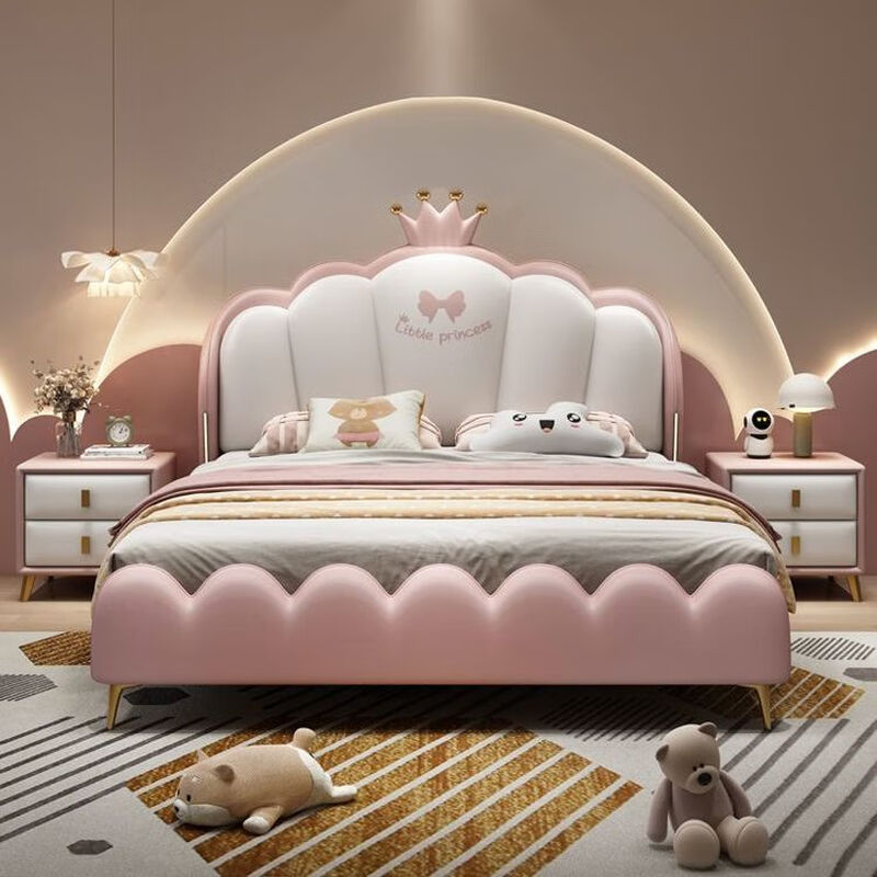 Solid wood bed children's bed girl's bedroom princess bed light luxury leather bed small apartment pink crown double bed quality/children's bed color remarks/delivery to home 1500mm*2000mm frame structure