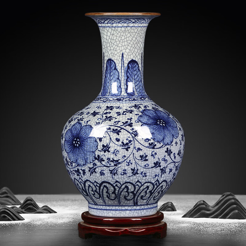 Proud Jingdezhen Ceramics Antique Chinese Blue and White Porcelain Vase Crafts Living Room Ornaments Archaeological Stand Office Decoration Hand-Painted Official Kiln Crack Appreciation Vase + Base + Certificate