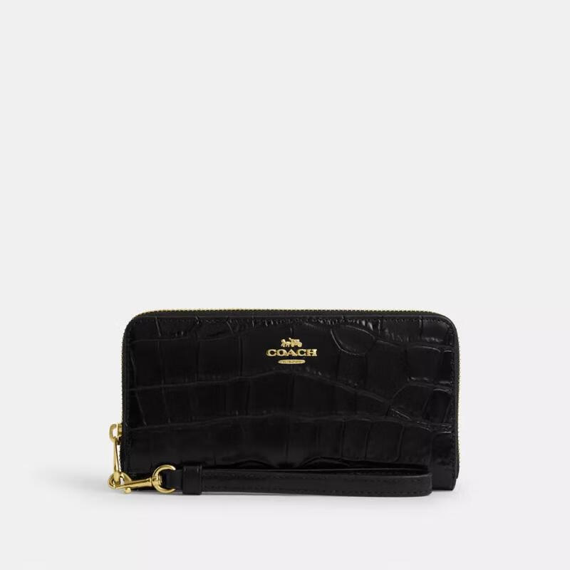 COACH long zippered women's wallet multi-functional storage microfiber leather clutch Black