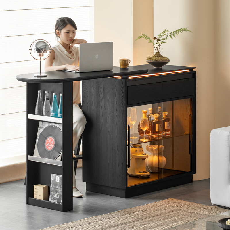 Fanye Furniture Shiye Bar Solid Wood Telescopic Table Black Sideboard Wine Cabinet Storage Cabinet Home Multifunctional Partition Side Cabinet Ash Shiye Bar Table + Xiangye Bar Stool