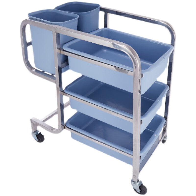 Hotel food collection truck, food removal truck, bowl collection truck with trash can, multi-functional stainless steel restaurant and hotel commercial food delivery truck, thickened round tube straight leg food collection truck with 3 basins and 2 barrels, official standard configuration required