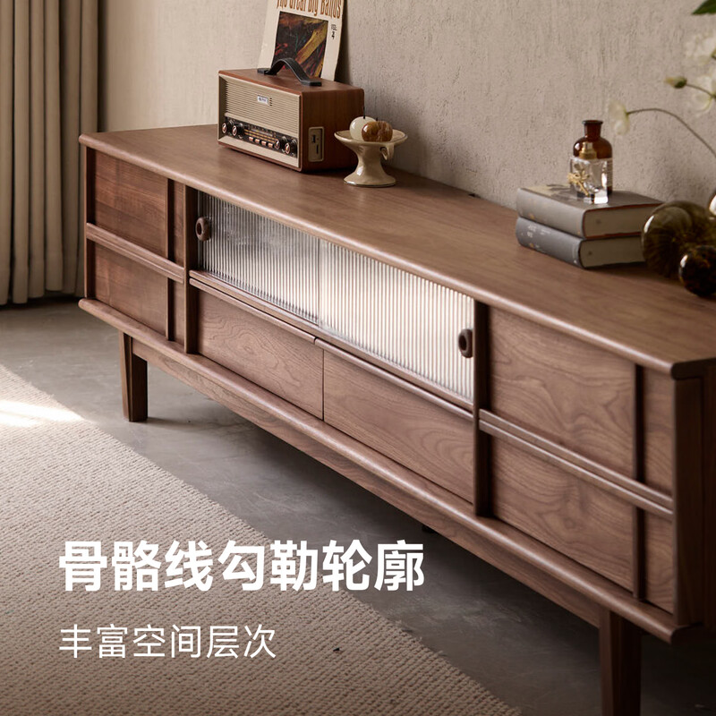 Pusu wood TV cabinet black walnut independent cabinet storage storage cabinet light retro style spliced TV cabinet 2.2m TV cabinet丨Ready stock