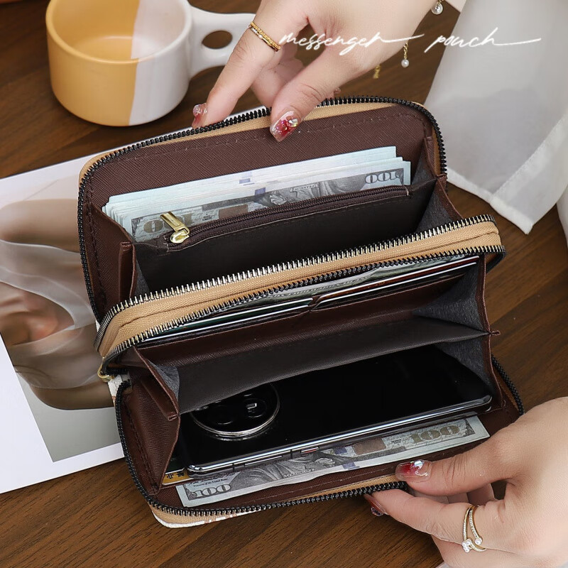 Kangaroo Double Zipper Wallet 2025 New Printed Splicing Large Capacity Clutch Practical Long Wallet Card Holder Integrated Brown